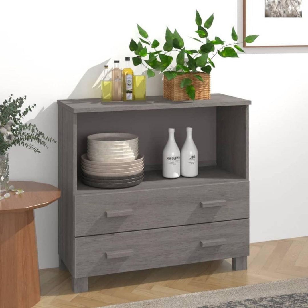 Sideboard aus Massivholz und Kiefernholz in Hellgrau und Naturbraun